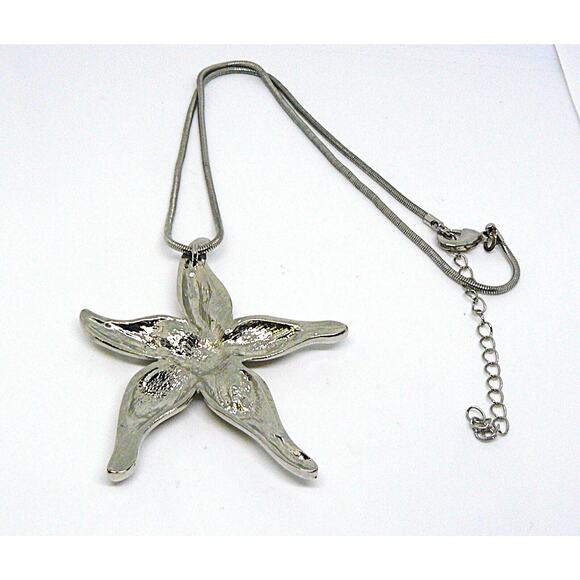 Silver Starfish Pendant Necklace 17-20" Aurora Borealis & Clear Crystals White - Picture 4 of 4